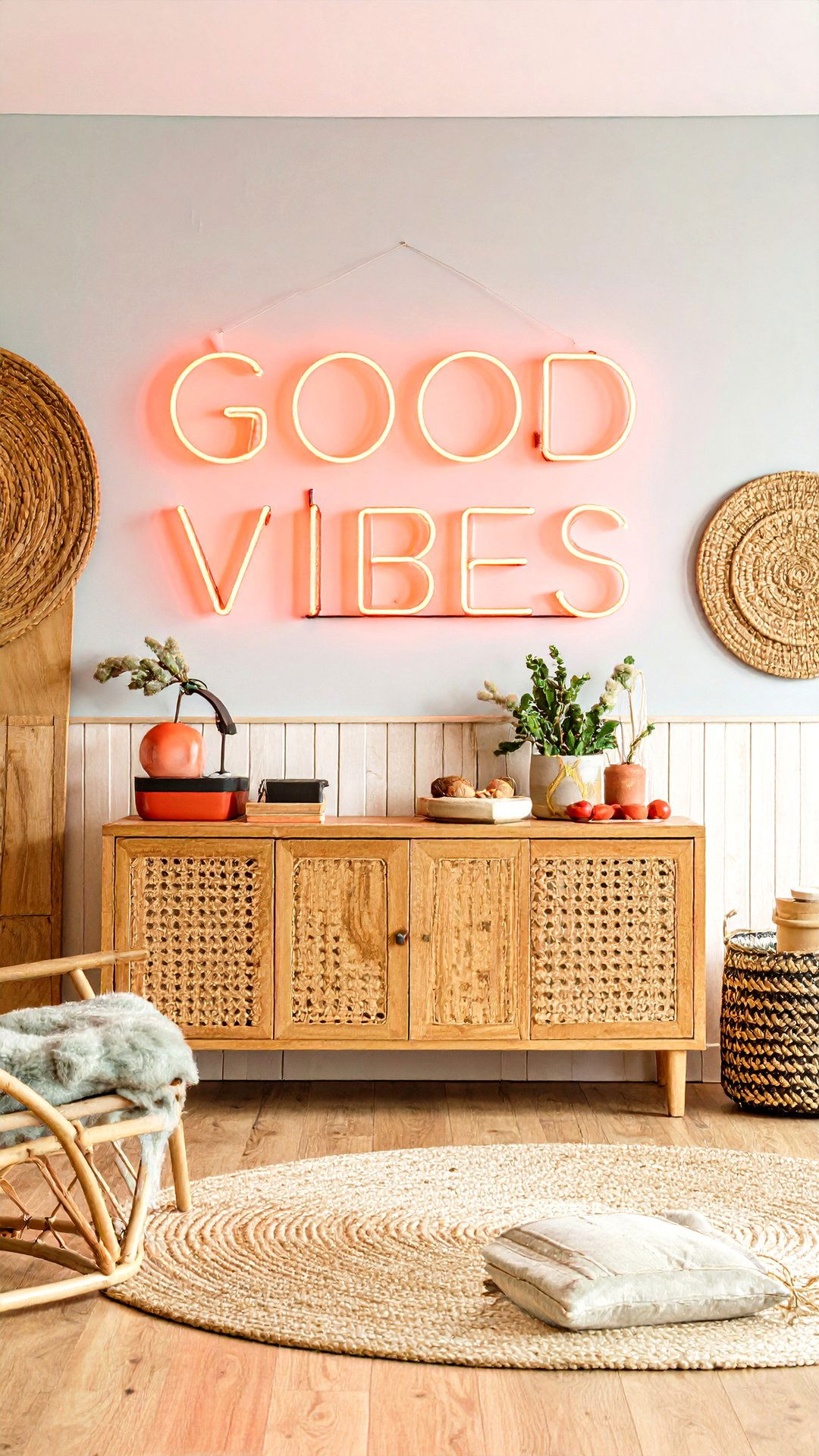 Illuminate Your Boho Living Room With a Neon Word Sign - 25 colorful boho living room ideas
