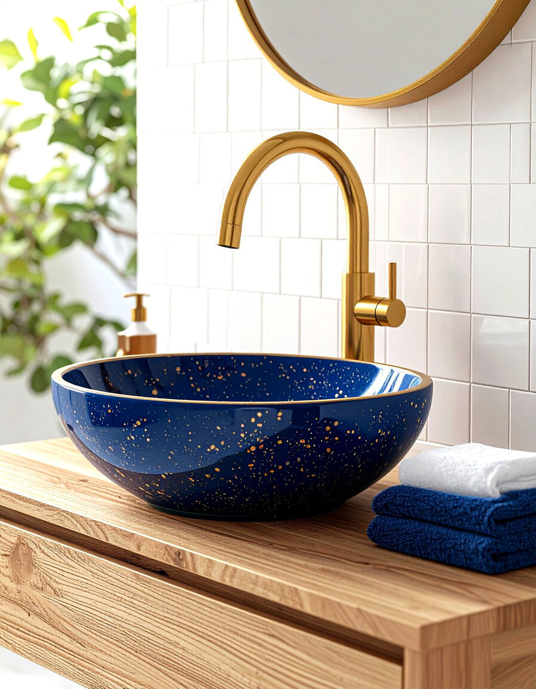 Indigo Vessel Sink Bathroom with Gold Wall Tap - 25 blue and gold bathroom ideas
