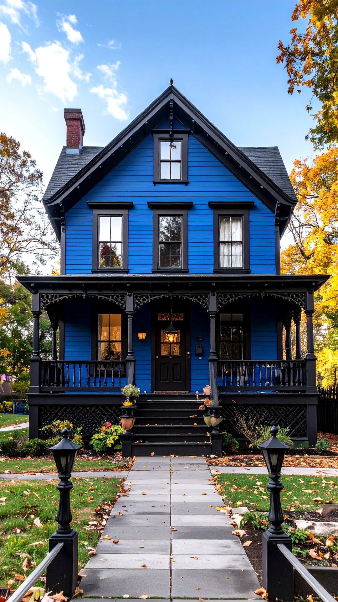 Indigo Victorian with Intricate Black Gingerbread Details - 25 blue house with black trim ideas