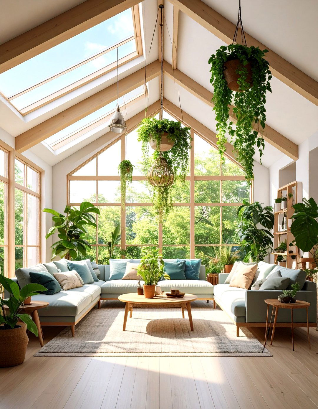 Indoor Hanging Greenery For Biophilic Warmth - 25 open concept vaulted ceiling living room ideas