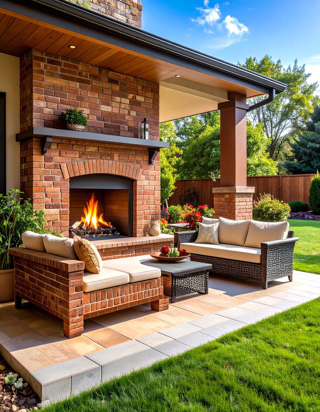 Indoor Outdoor Brick Bench Extending to Patio Fireplace - 25 fireplace bench ideas