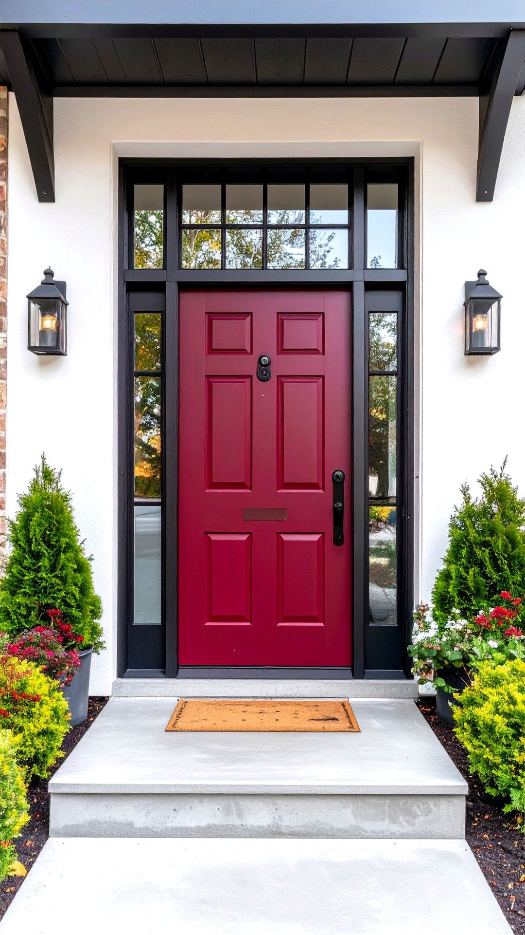 Industrial Burgundy Door with Steel Sidelights - 25 burgundy front door ideas