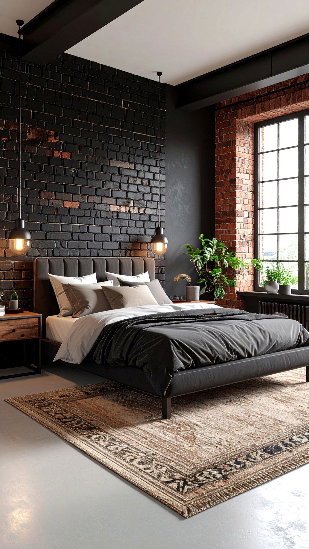 Industrial Exposed Brick Painted Black - 25 black accent wall bedroom ideas
