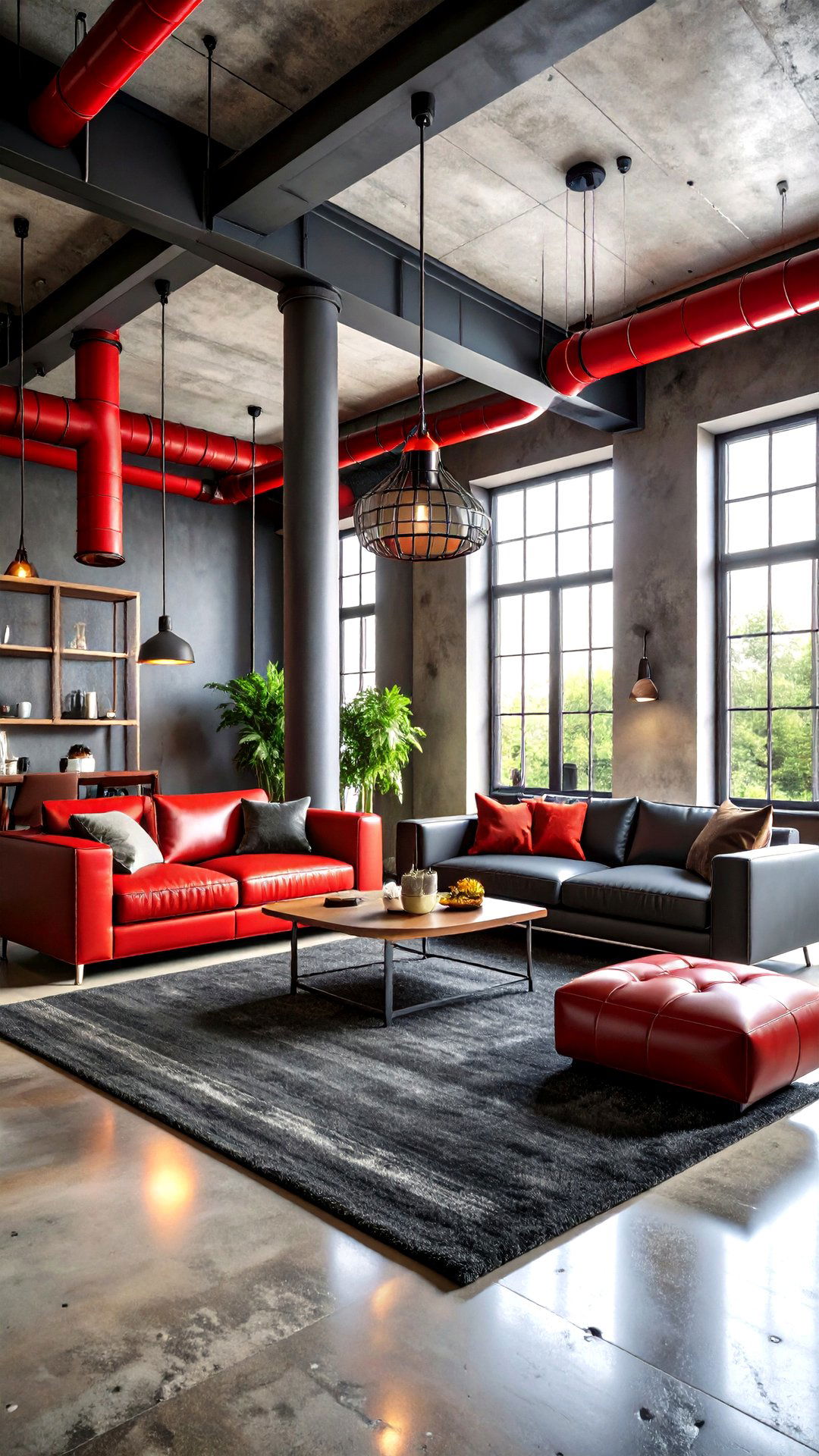Industrial Living Room Blends Red Pipes with Black Steel - 25 black and red living room ideas
