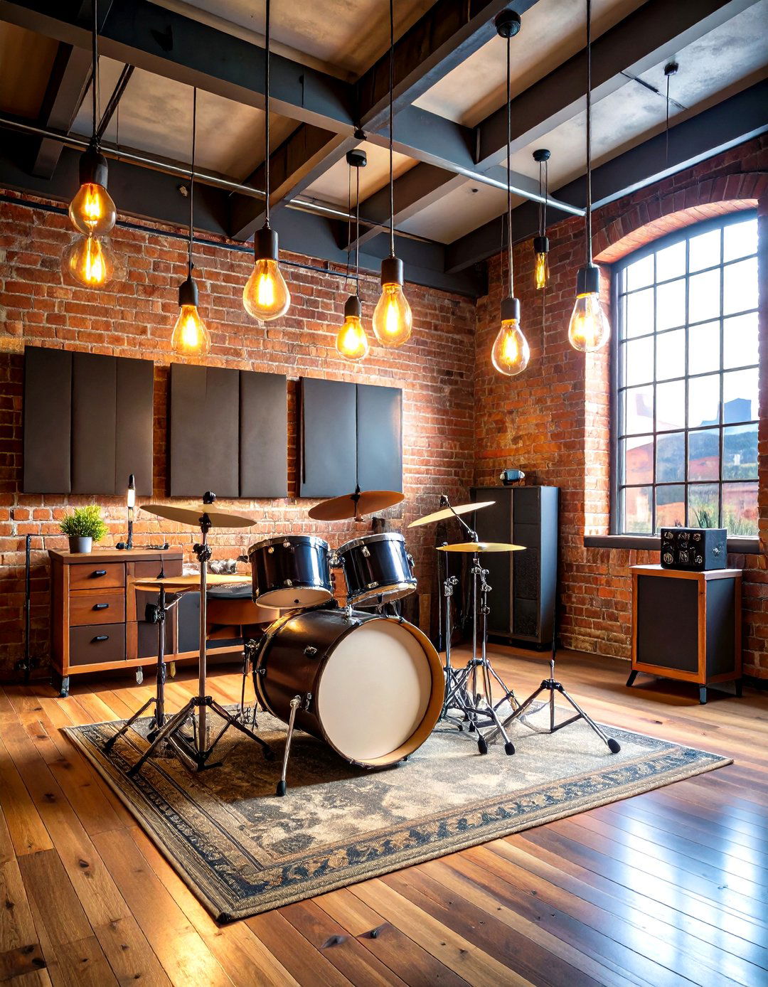 Industrial Loft Style Music Room with Exposed Brick - 25 music room ideas