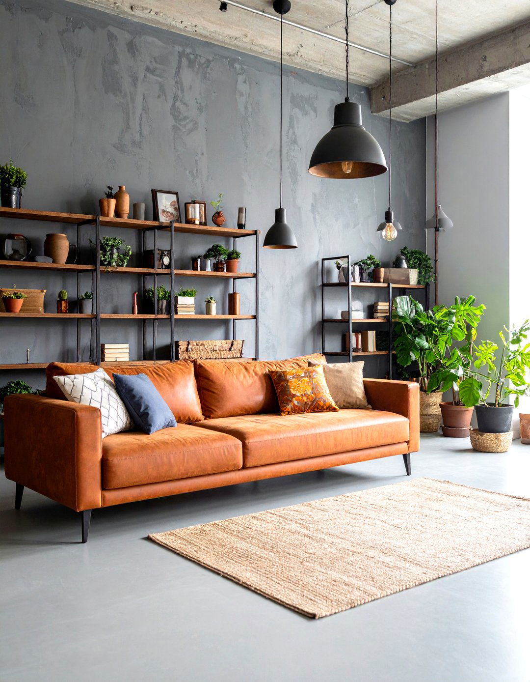 Industrial Loft Vibes Rust Orange Accents on Concrete Grey - 25 orange and grey living room ideas