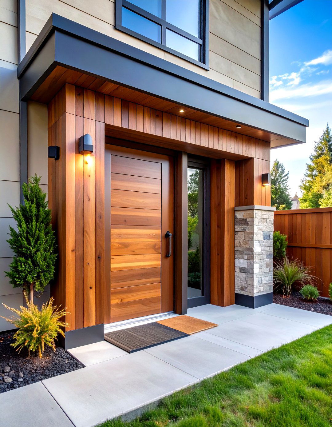 Industrial Metal Accent Strips in Wood Casing - 25 exterior door trim ideas