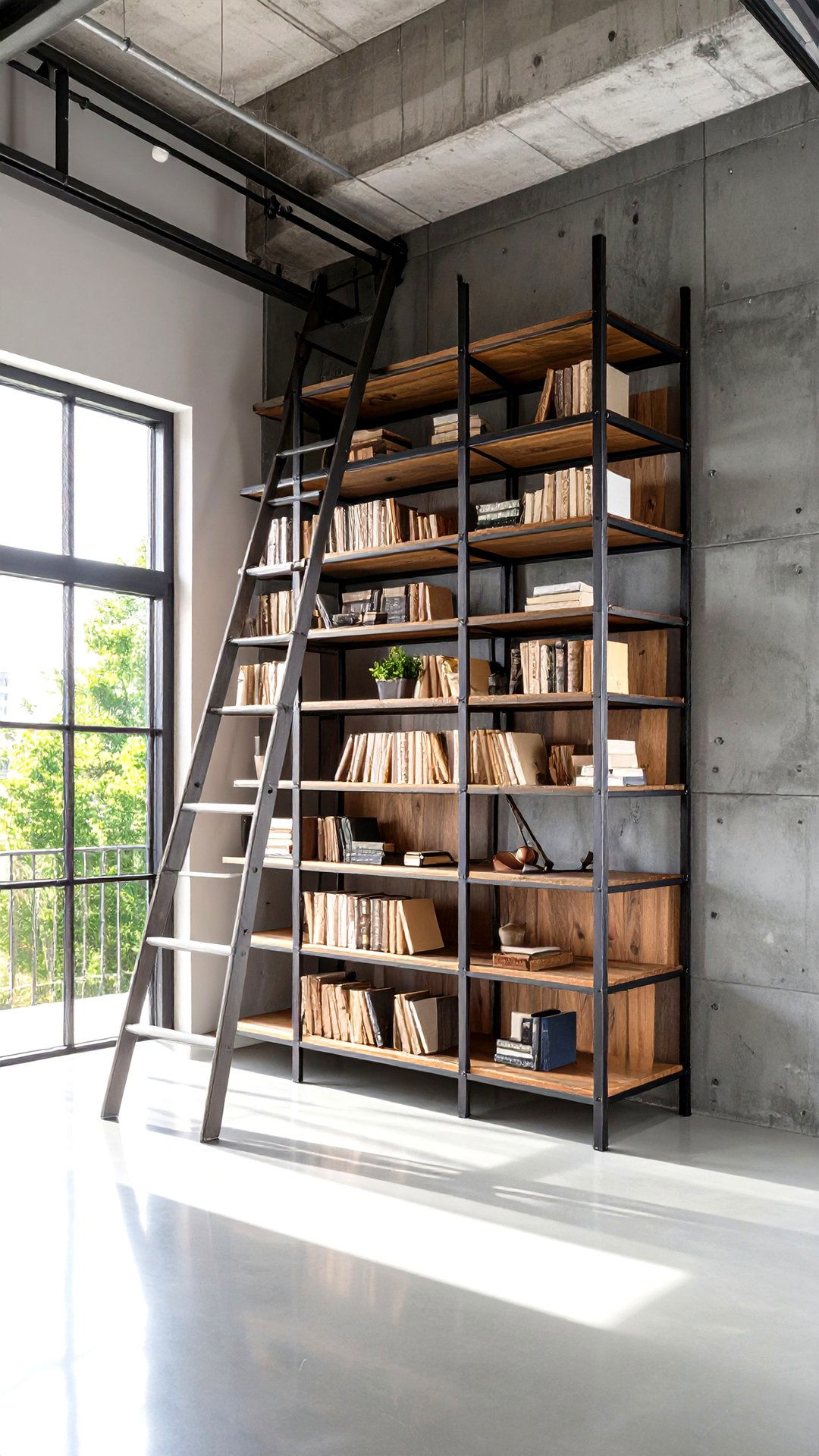 Industrial Metal Framed Bookcase Encasing a Loft Window - 25 bookcases around window design ideas