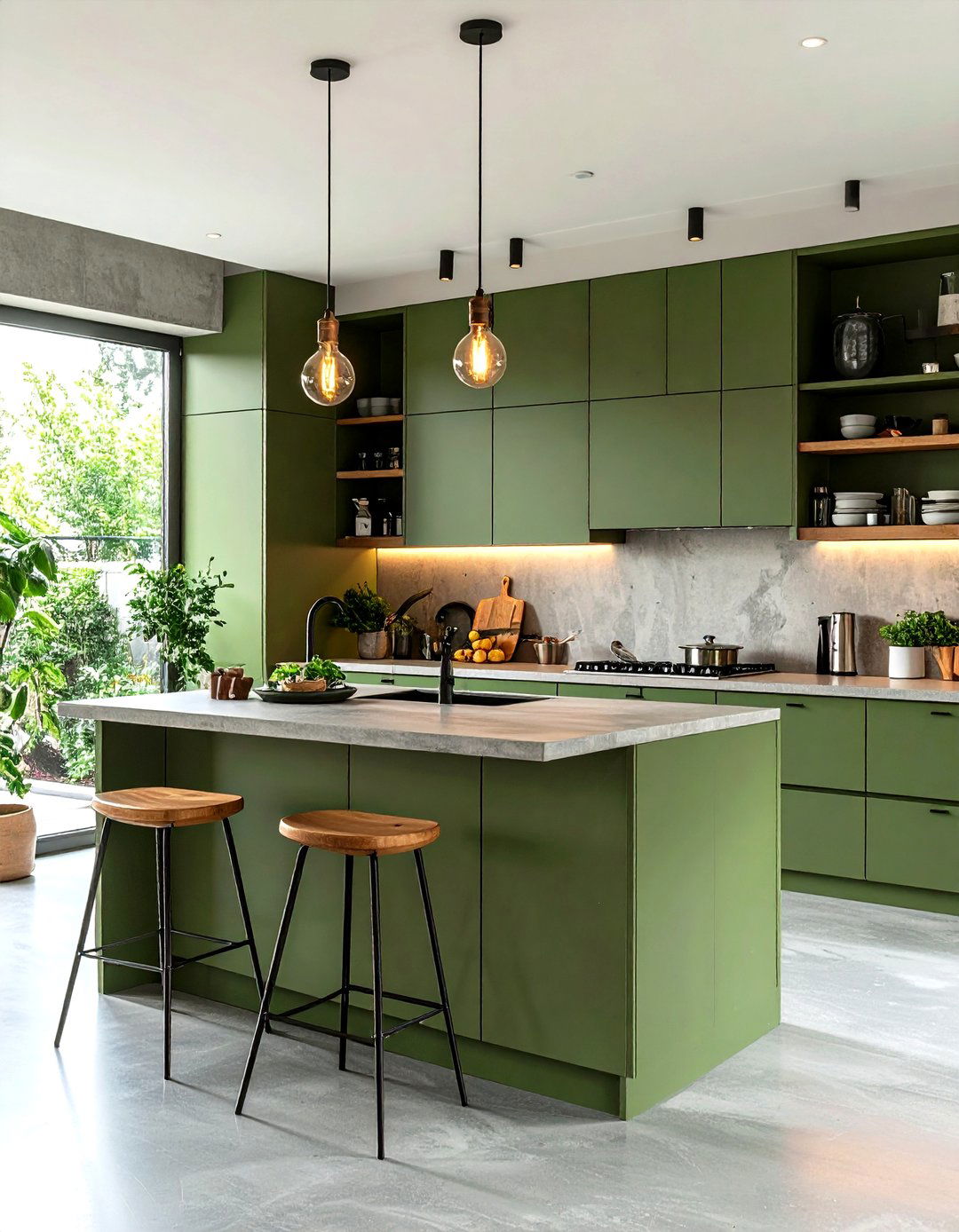 Industrial Olive Green Kitchen with Concrete Elements - 25 olive green kitchens