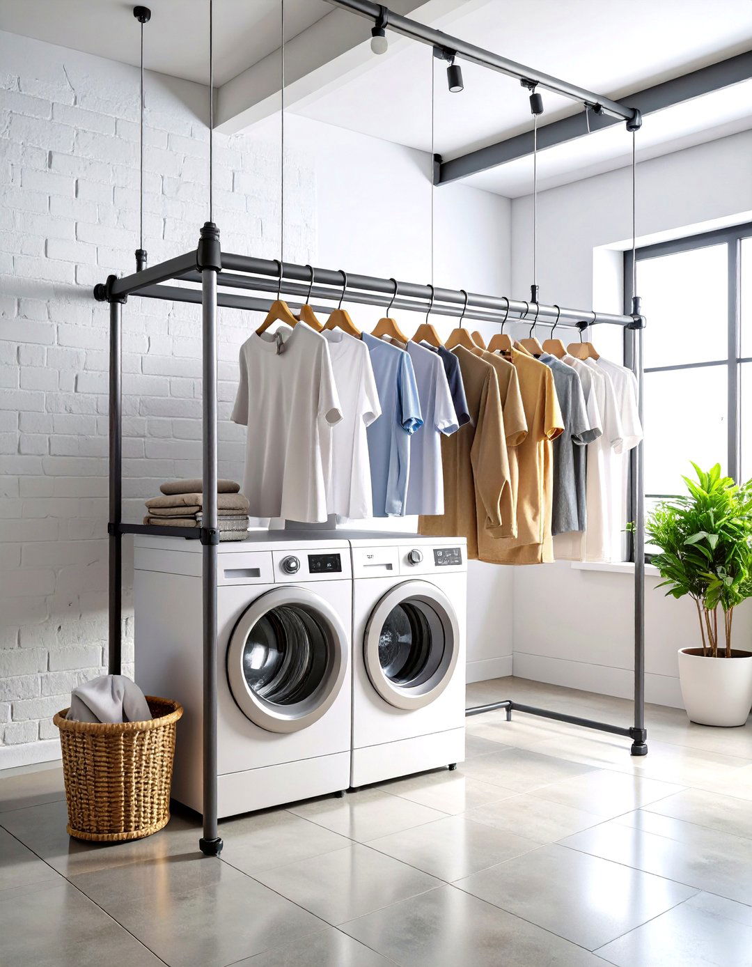 Industrial Pipe Drying Rack Makes the Laundry Room a Showpiece - 25 black and white laundry room ideas