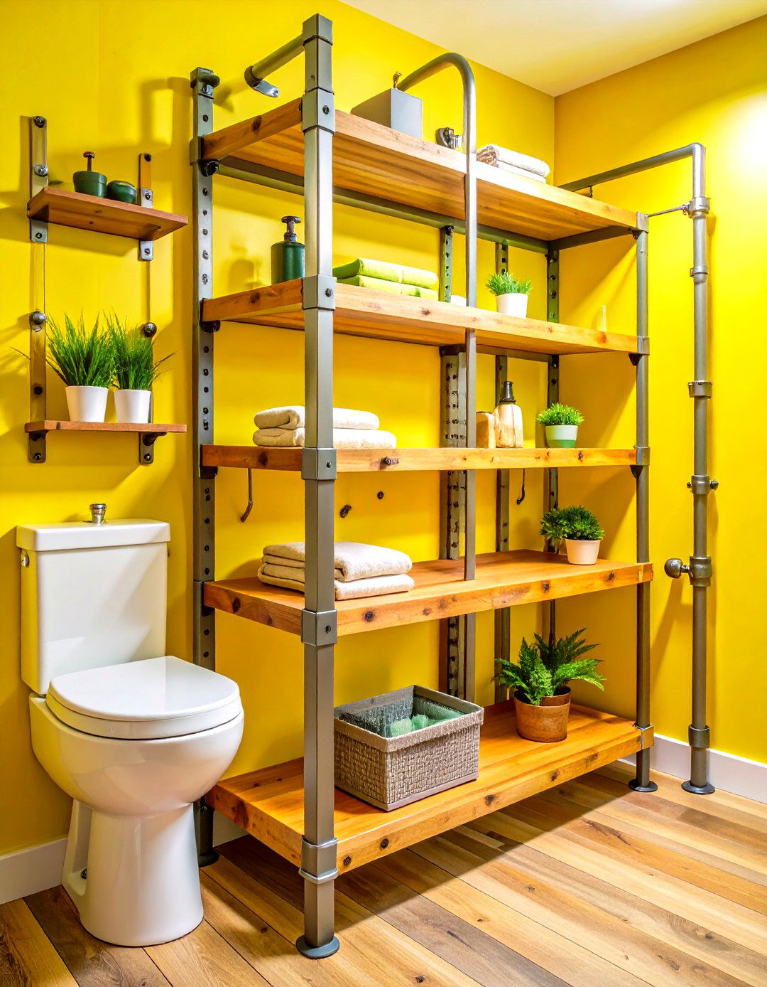 Industrial Pipe Frame With Wooden Tiers - 25 over toilet storage ideas