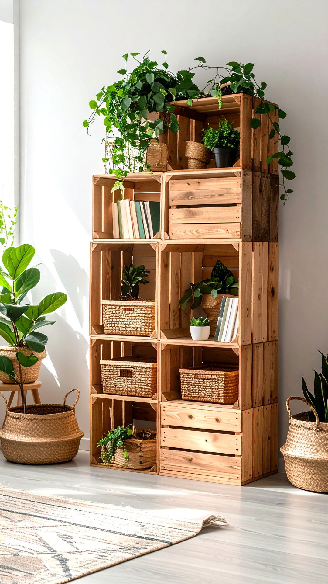 Install Up Cycled Wooden Crate Shelving in Your Boho Living Room - 25 colorful boho living room ideas