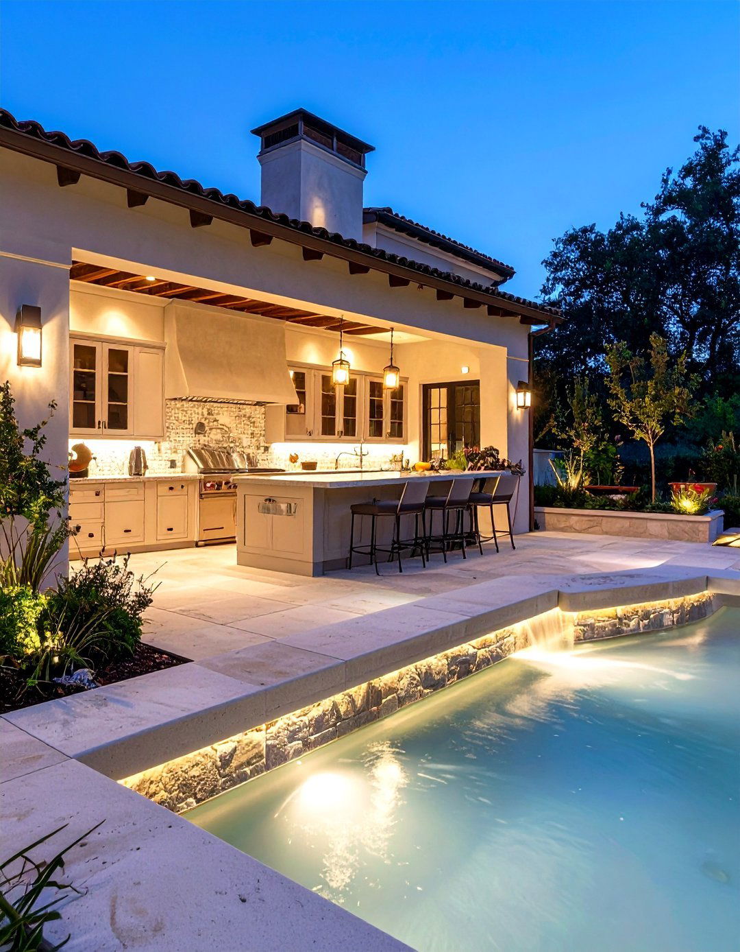Integrated Water Feature Edge - 25 Stucco Outdoor Kitchen Ideas