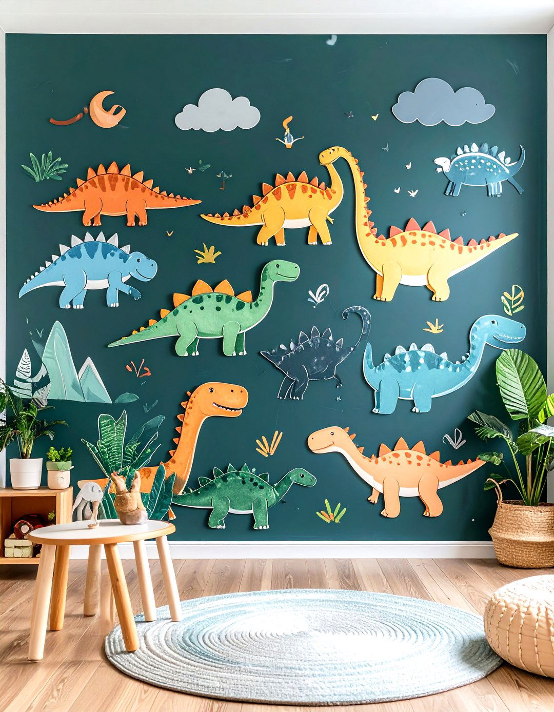 Interactive Chalkboard Wall with Dino Stencils - 25 dinosaur-themed kids' room ideas