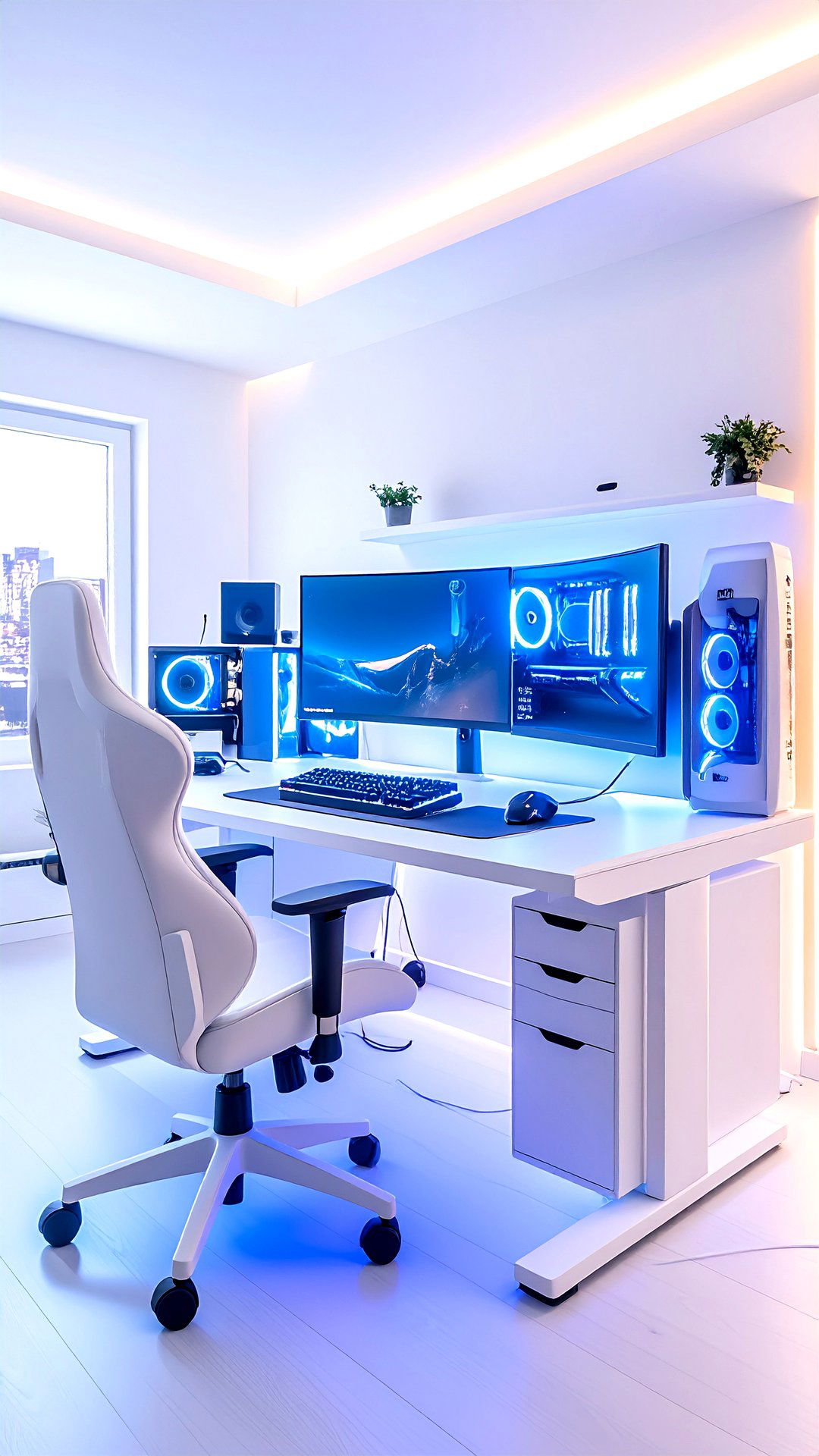 Invisible Cable Runs in a White Gaming Setup - 25 all white gaming setup ideas
