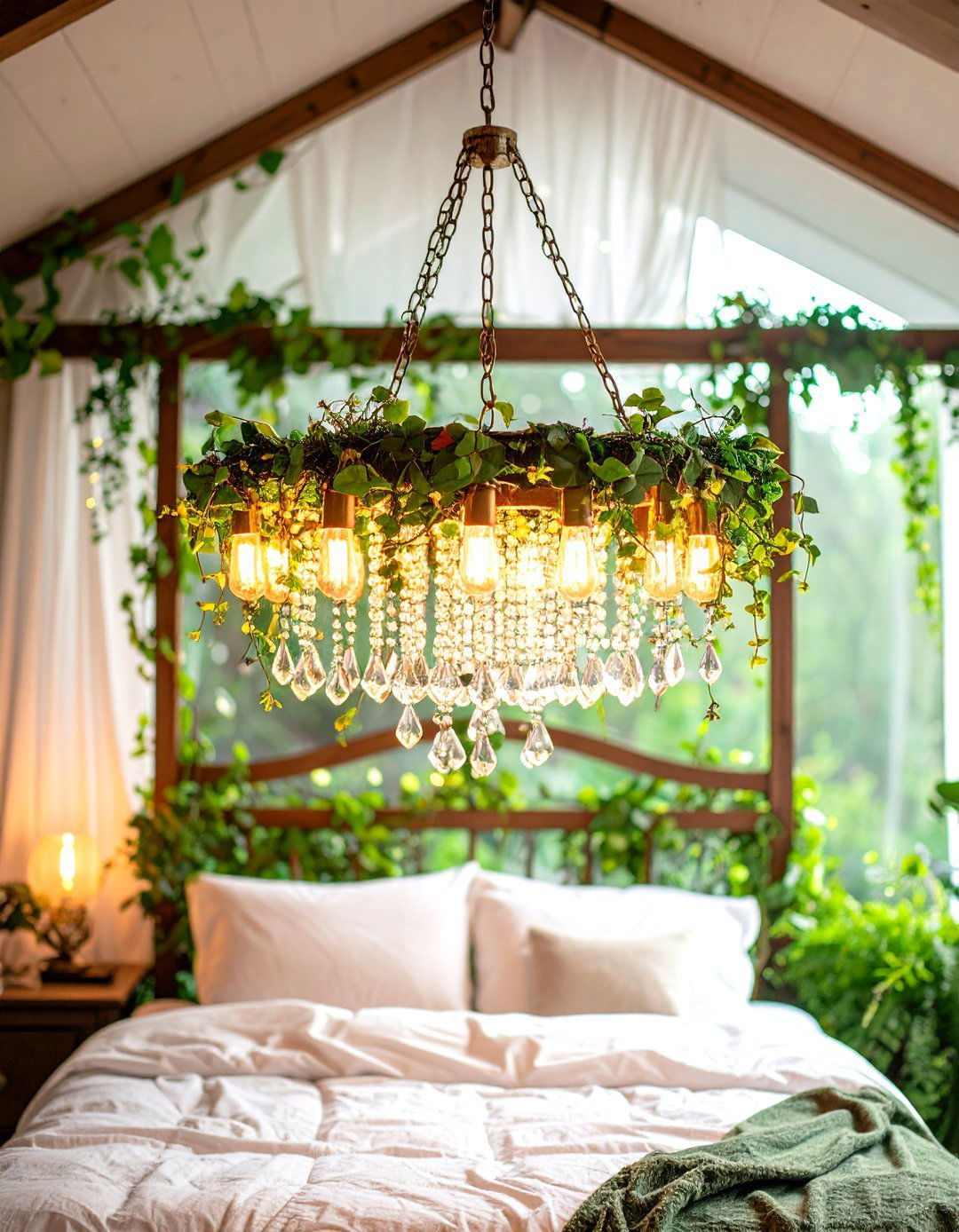 Ivy Draped Crystal Chandelier Sparkle - 25 fairy-themed bedroom ideas