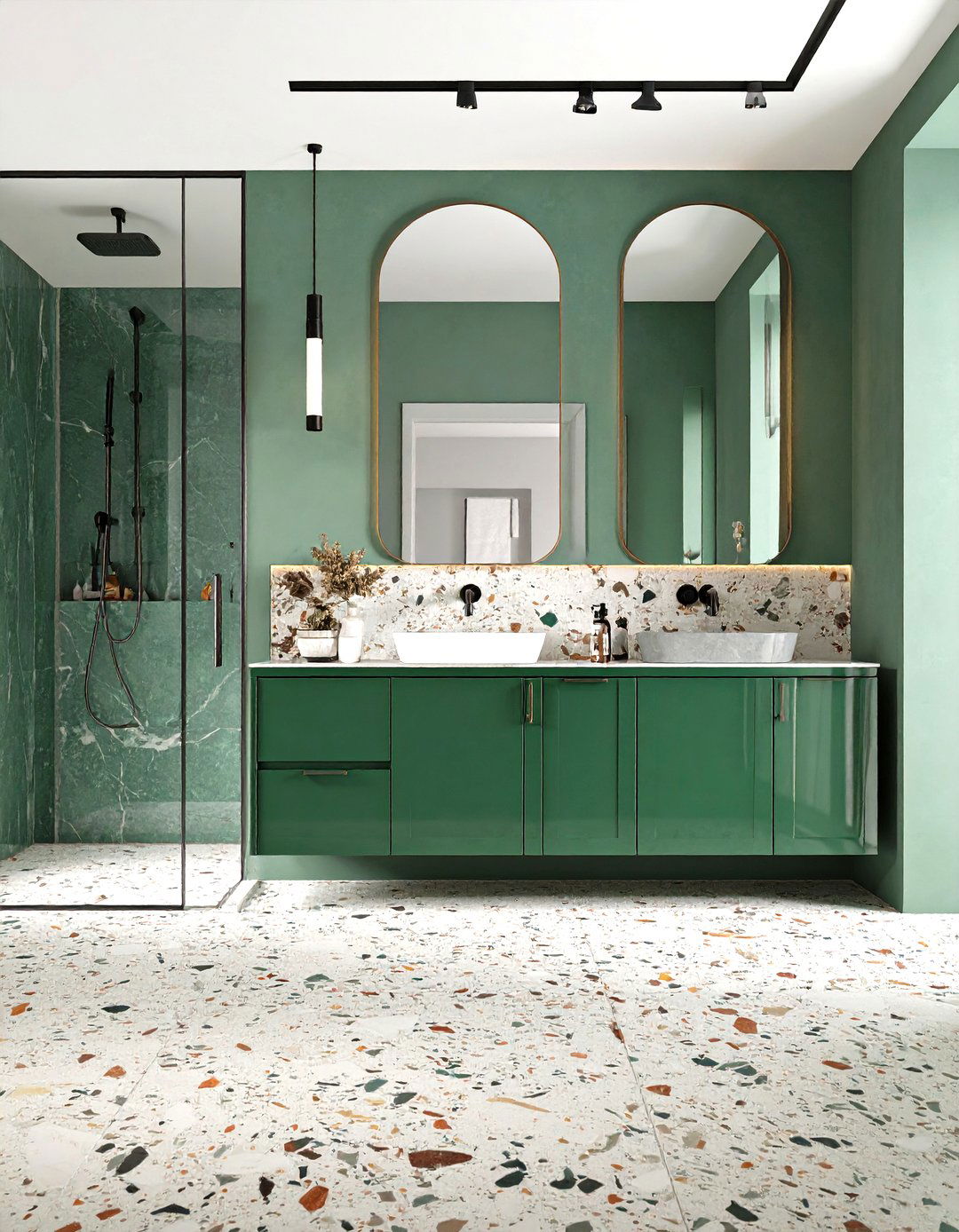 Jade Green Vanity Bathroom With Terrazzo Floor - 25 bathroom with green vanity