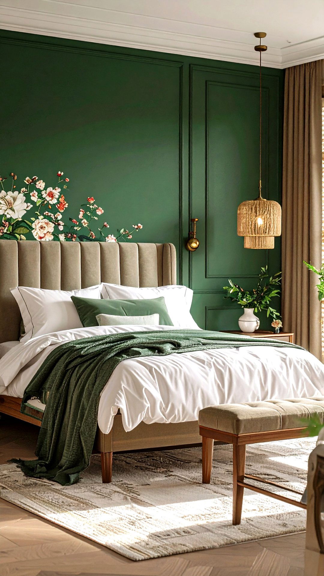 Jade Green Walls with a Bowood Headboard - 25 grandmillennial style bedroom ideas