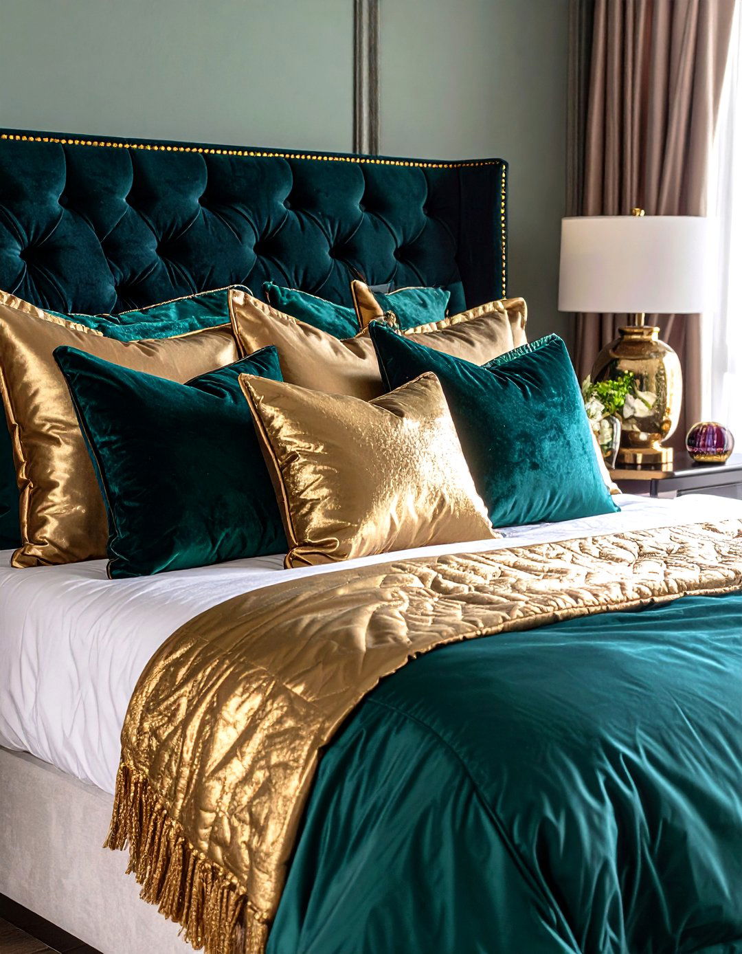 Jewel Tone Bedding Stack with Gold Accent Throw - 25 emerald green and gold bedroom ideas