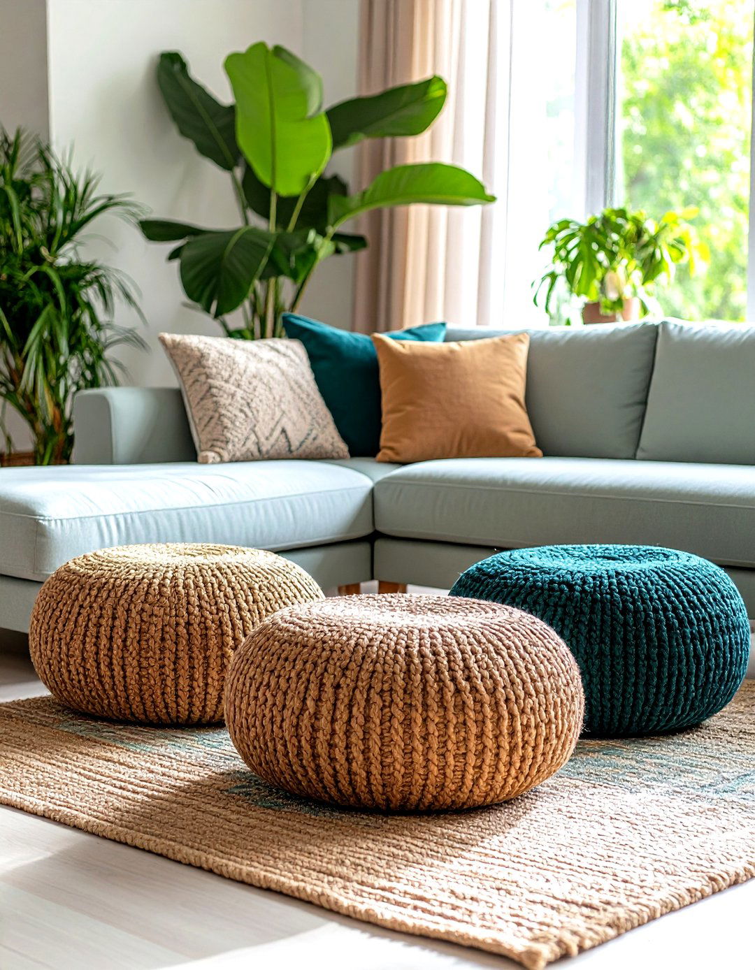 Jute Pouf Cluster for Small Spaces - 25 floor seating ideas