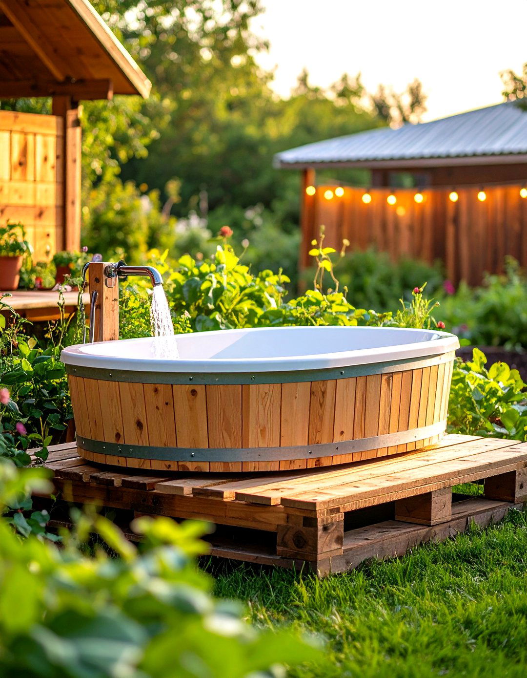 Kid Friendly Pallet Deck DIY Tub - 25 outdoor bathtub ideas