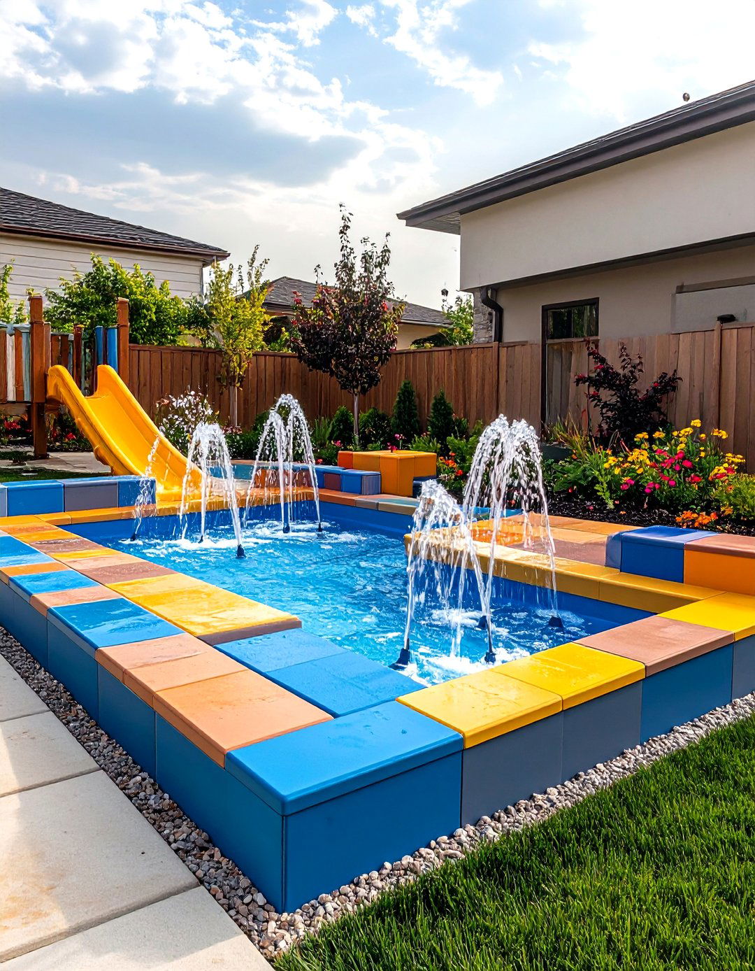 Kid Friendly Splash Pad Zone Near an Above Ground Pool - 25 above ground pool landscaping ideas