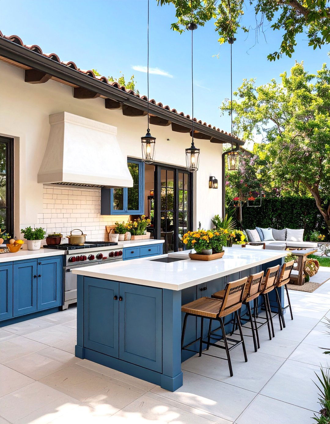 L Shape with Pass Through Window - 25 Stucco Outdoor Kitchen Ideas