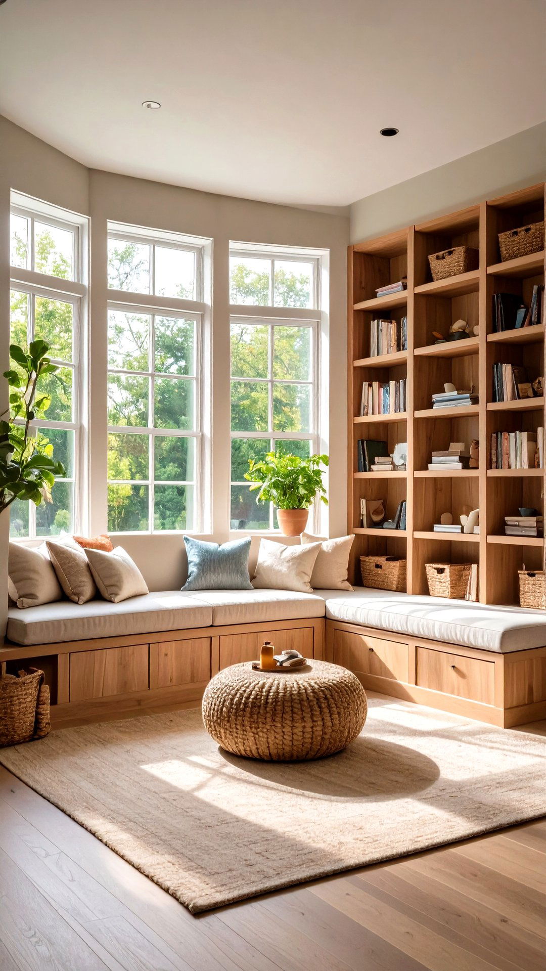 L Shaped Bookcase Bridging Corner Windows - 25 bookcases around window design ideas