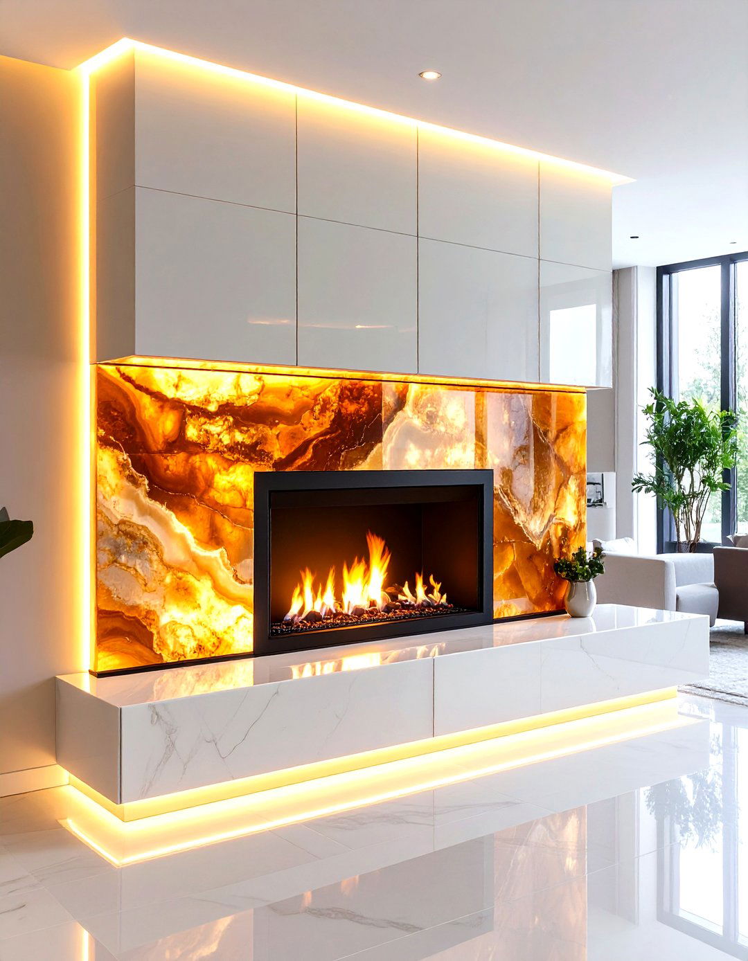 LED Back Lit Onyx Fireplace Backsplash Glows After Hours - 25 fireplace backsplash ideas
