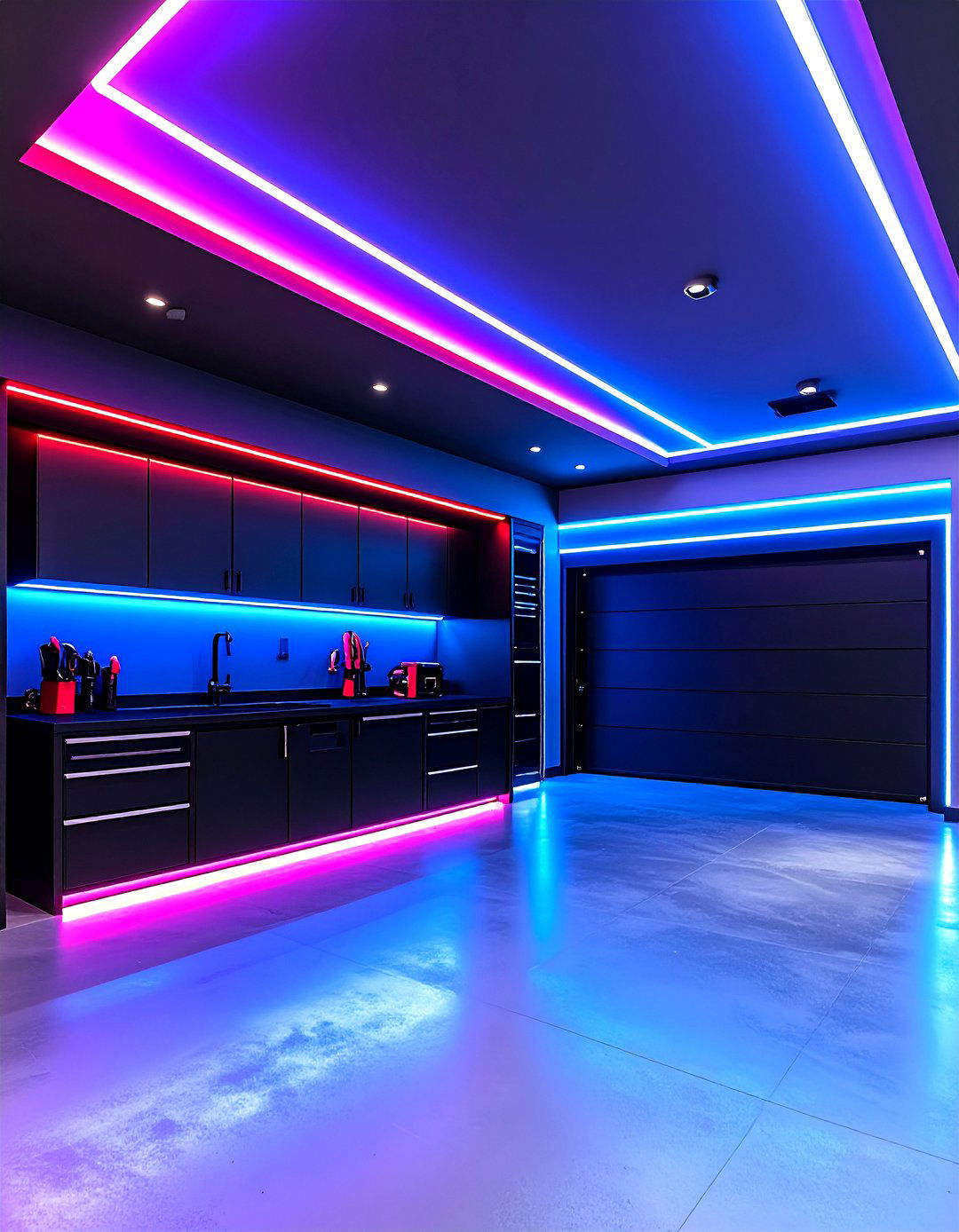LED Lit Black Garage Becomes a High Tech Man Cave - 25 black garage ideas
