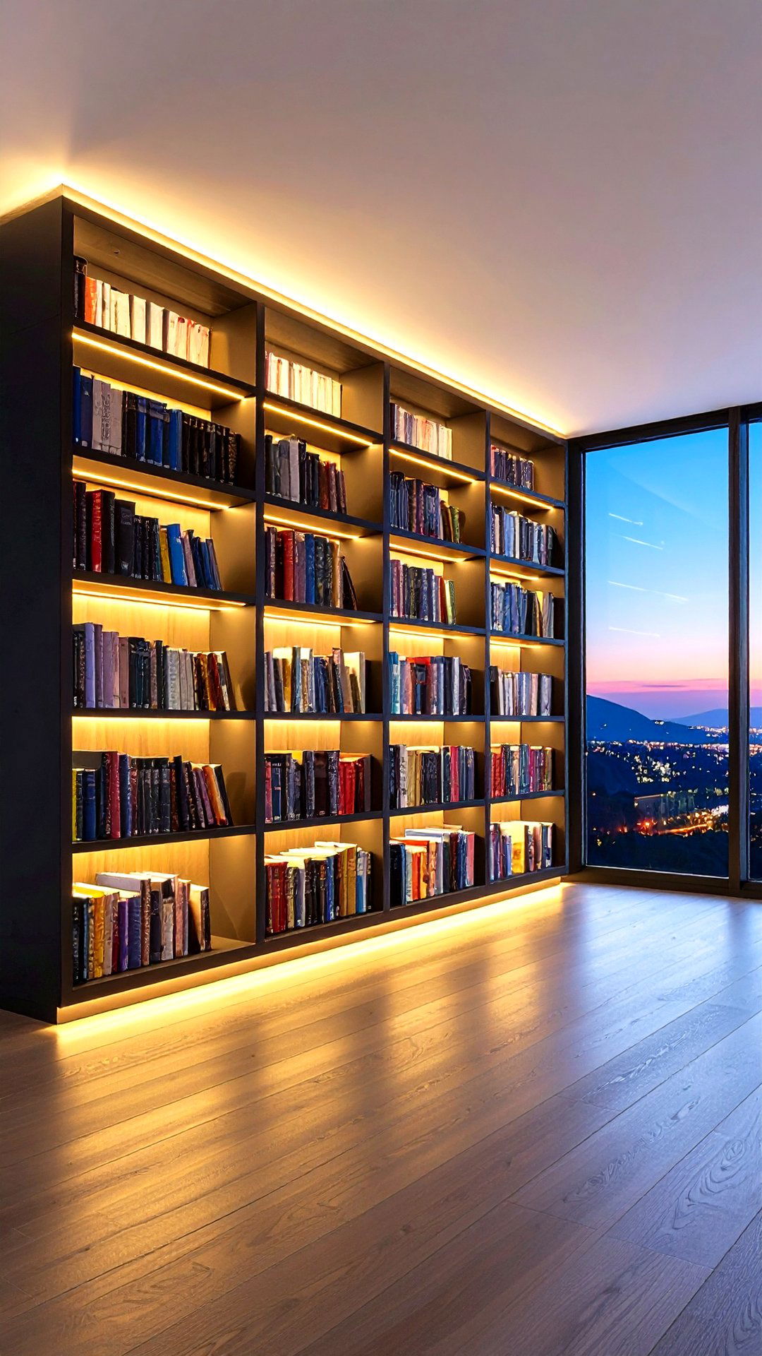 LED Lit Bookcase Outlining a Modern Window - 25 bookcases around window design ideas