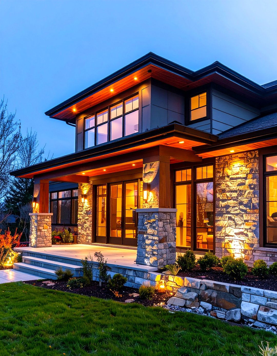 LED Lit Exterior Wainscoting Cap for Night Time Drama - 25 exterior wainscoting ideas