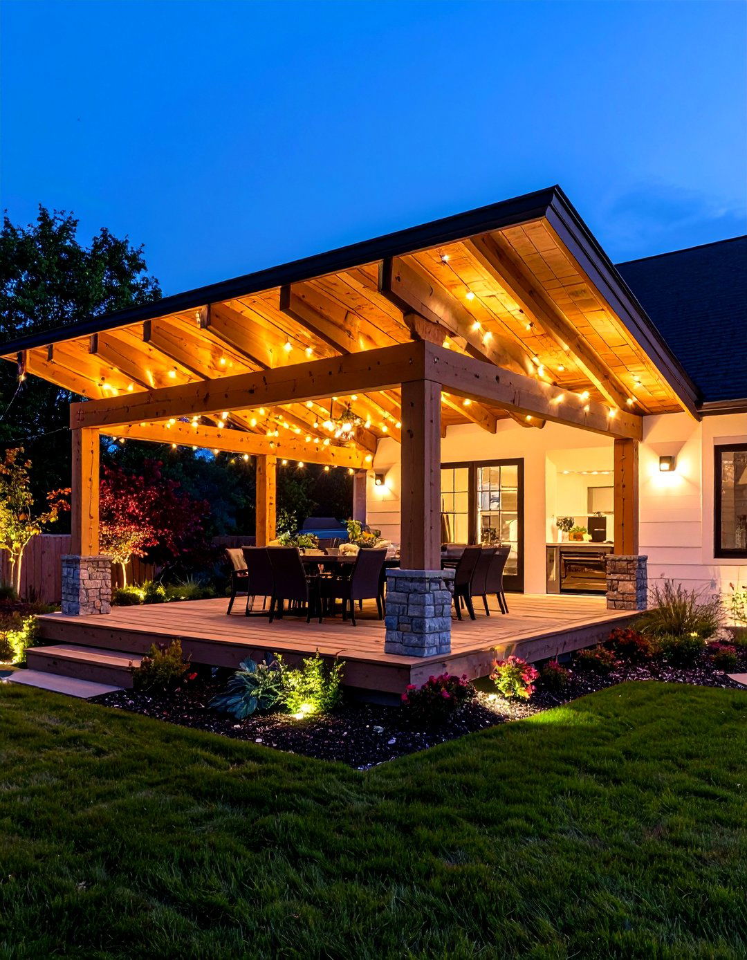 LED Lit Rafters in an Open Gable Porch for Dramatic Night Glow - 25 open gable porch ideas