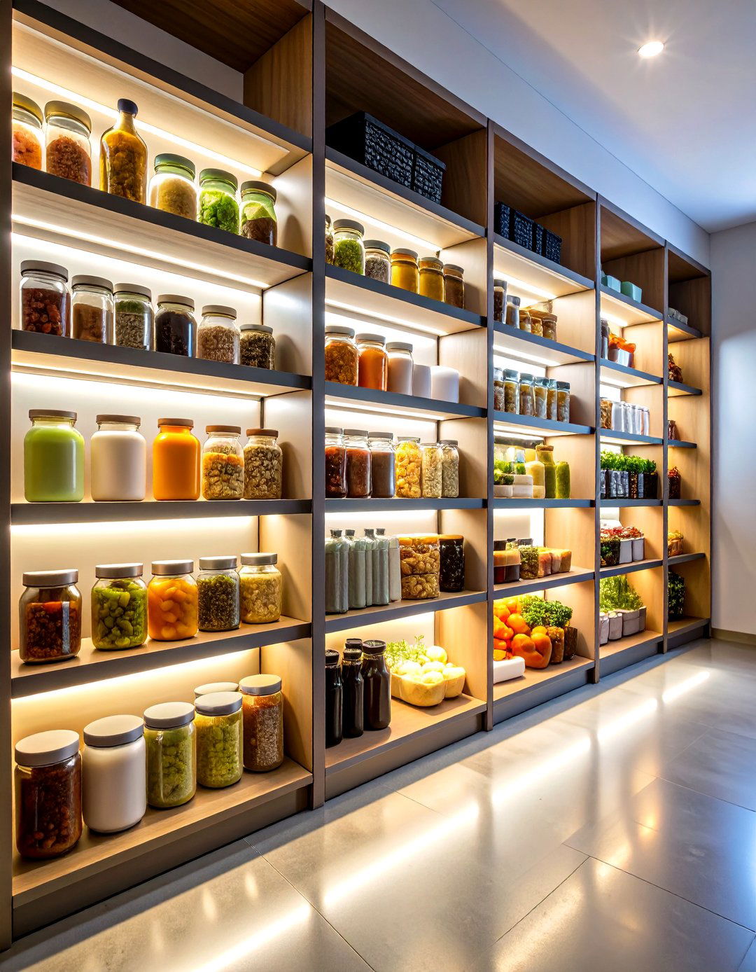 LED Lit Shelves Make Late Night Snack Runs Easy - 25 pantry shelving ideas