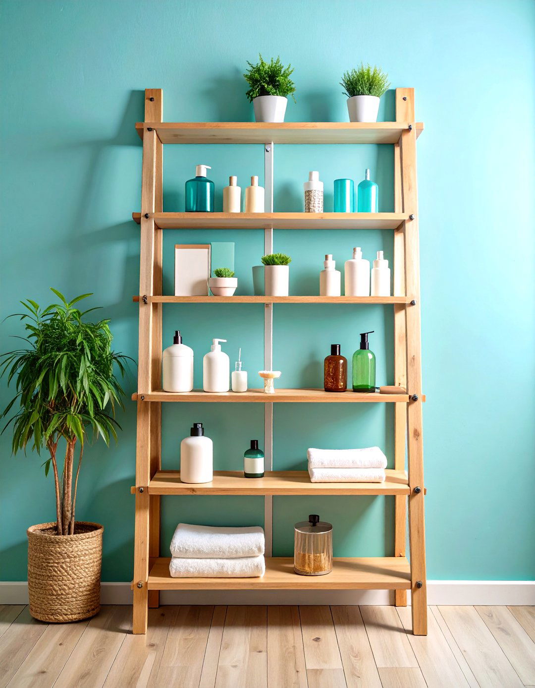 Ladder Style Leaning Shelf Adds Height and Charm - 25 over toilet storage ideas