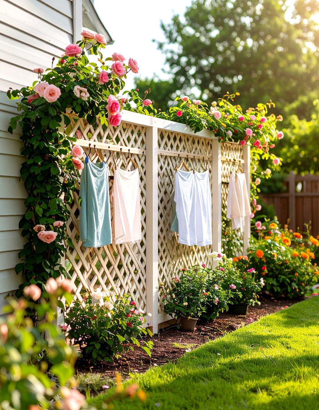 Lattice Privacy Screen with Built In Hooks - 25 outdoor laundry area design ideas