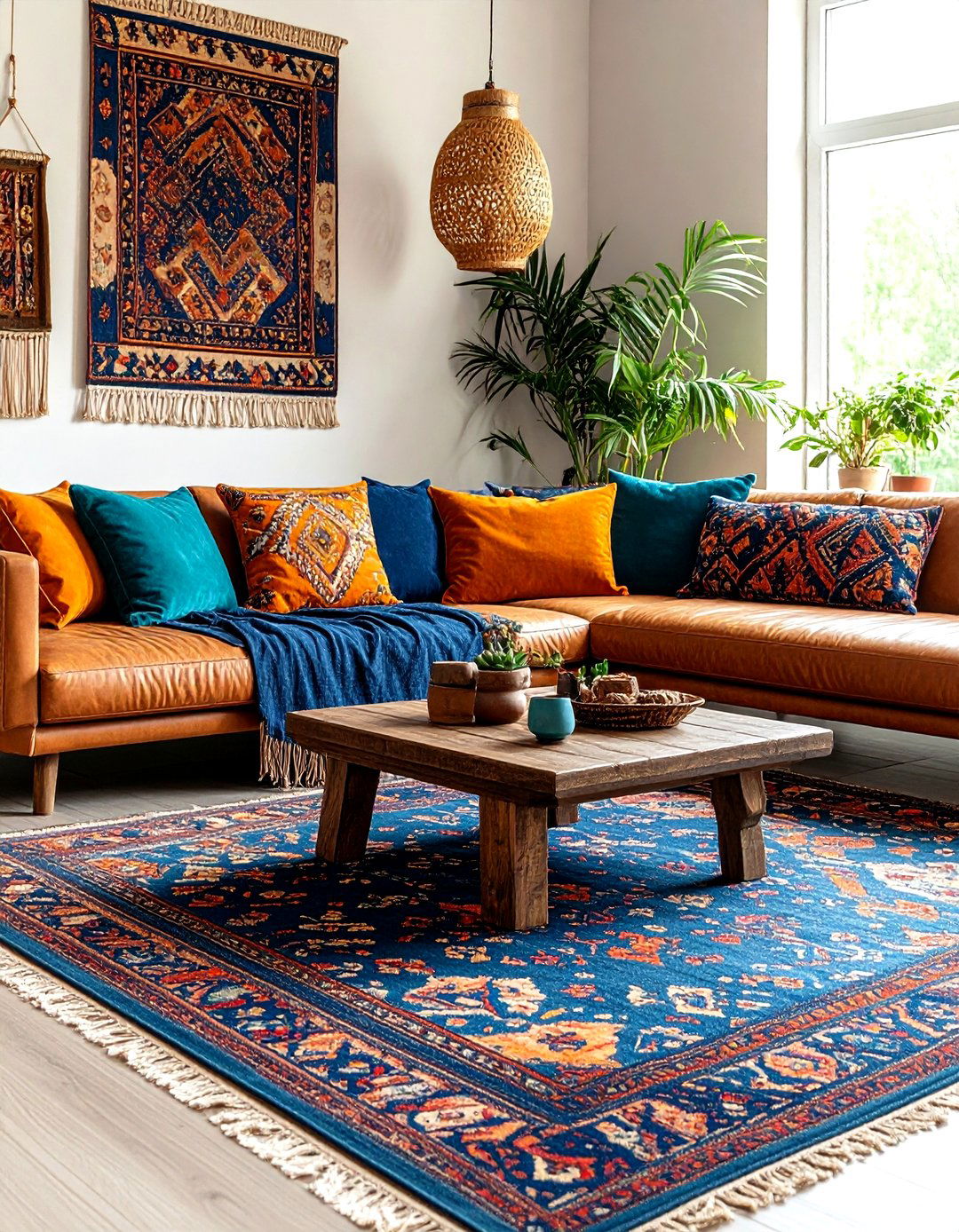 Layer Boho Textiles for Global Warmth - 25 orange and blue living room ideas