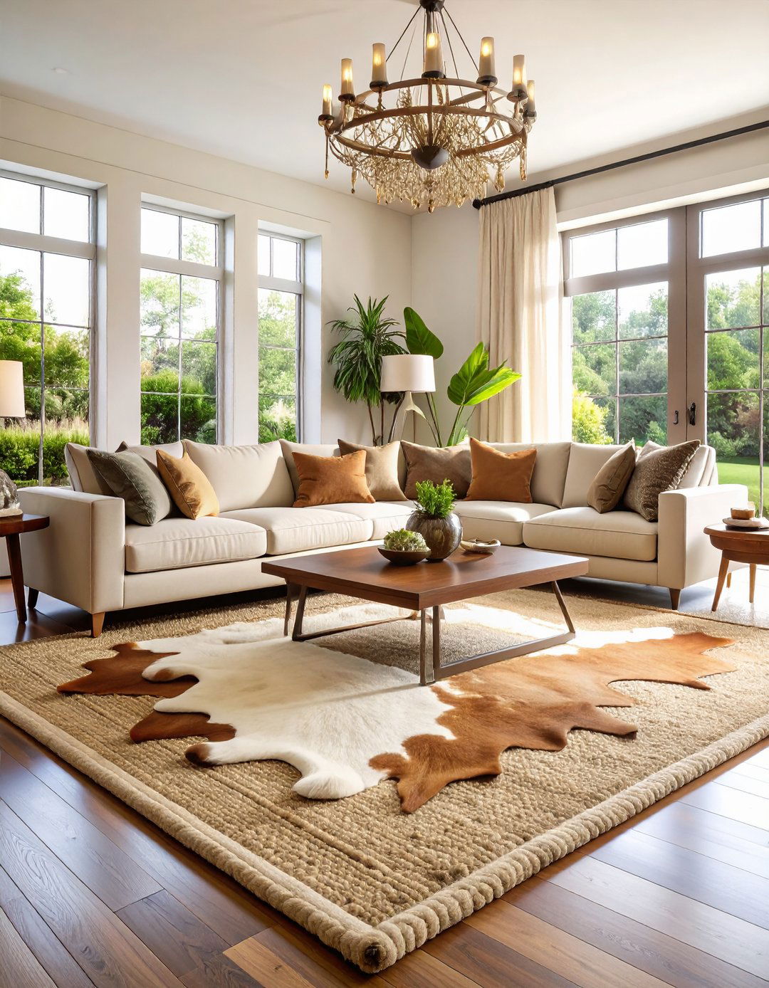 Layer Cowhide Over Natural Fiber Rugs - 25 cow print room decor ideas