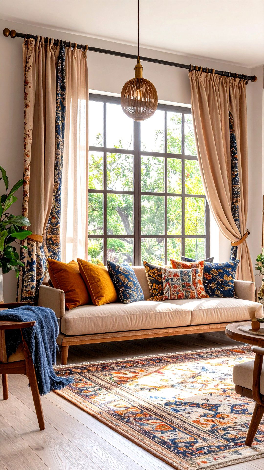 Layer Sheer and Block Print Drapes for Boho Living Room Windows - 25 colorful boho living room ideas
