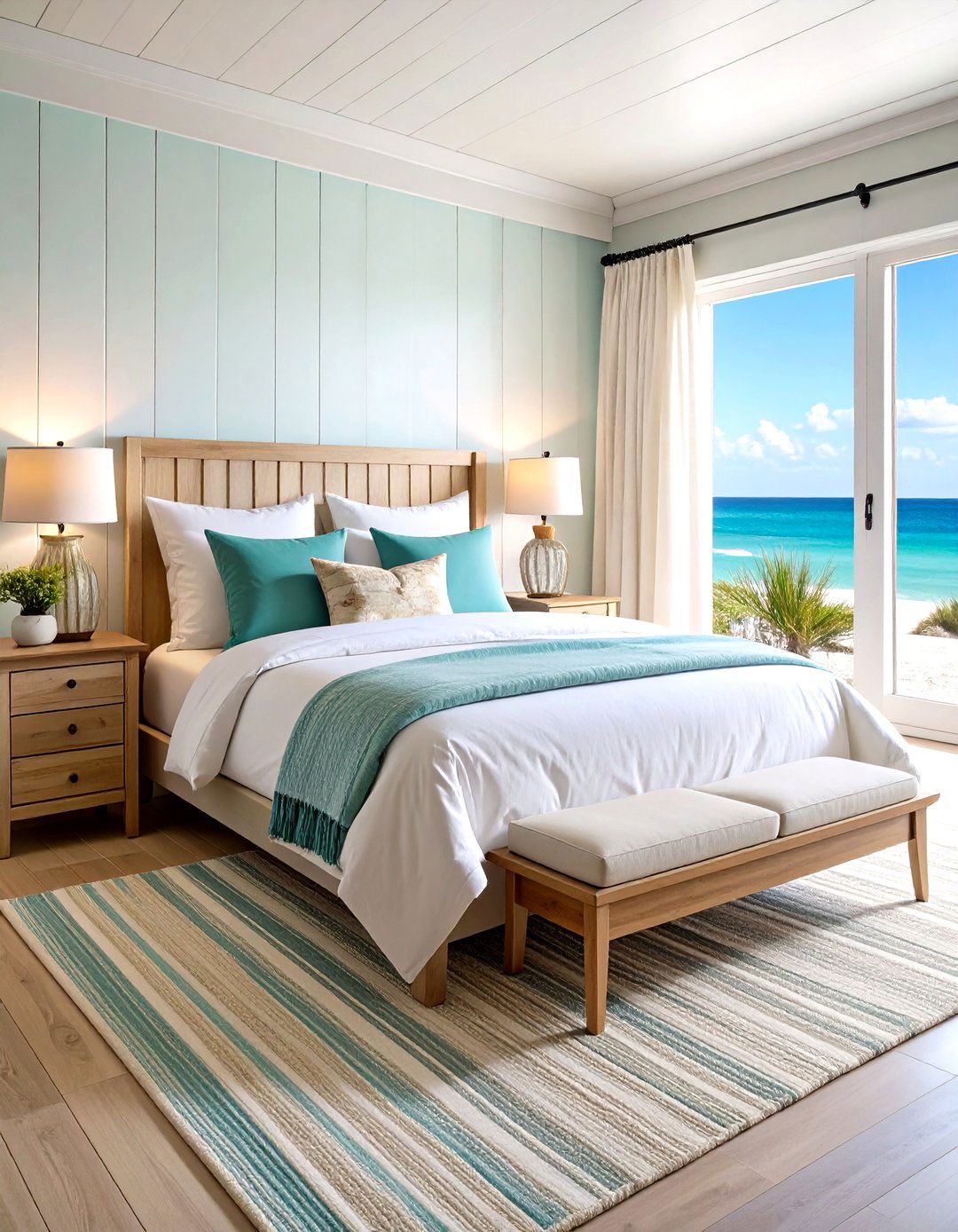 Layer Soft Linen and Cotton Bedding - 25 ocean-themed bedroom ideas