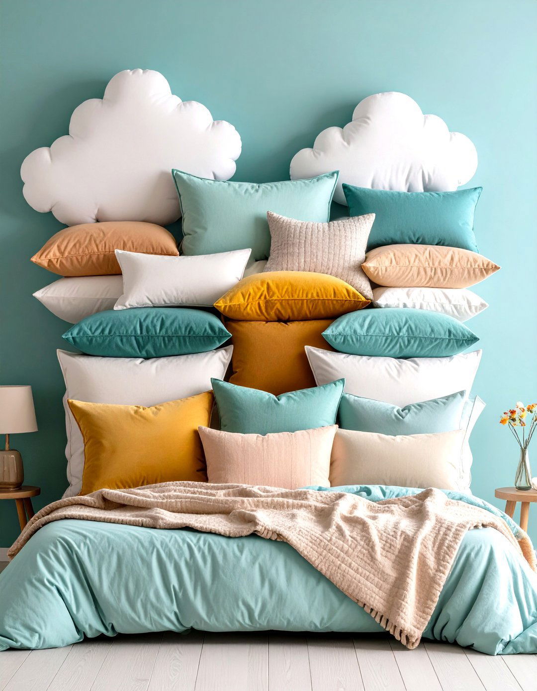 Layered Bed Pillows as a Cloud Soft Headboard - 25 no headboard ideas