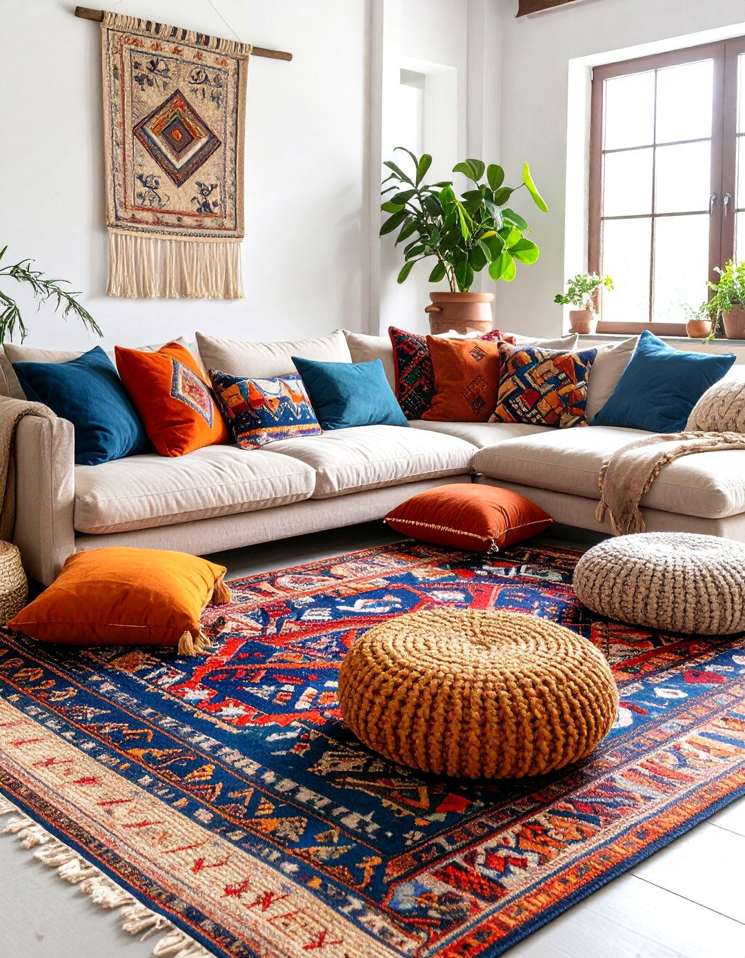 Layered Bohemian Rug and Pillow Pit - 25 floor seating ideas