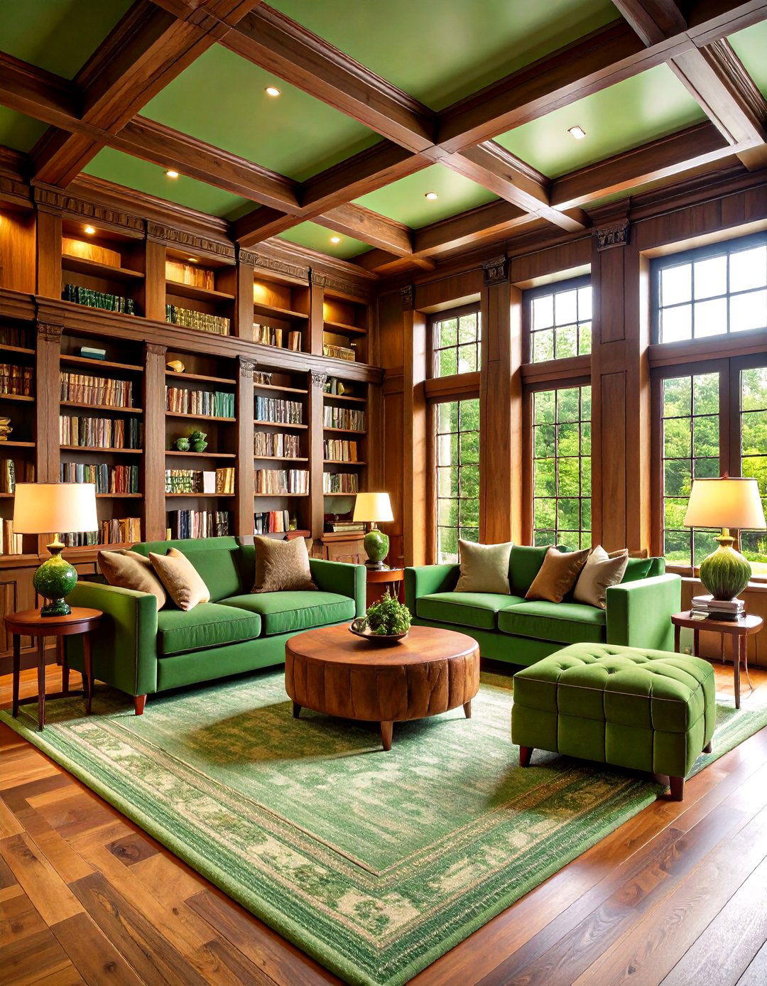 Layered Green on Green Textures - 25 dark green home library ideas and inspiration