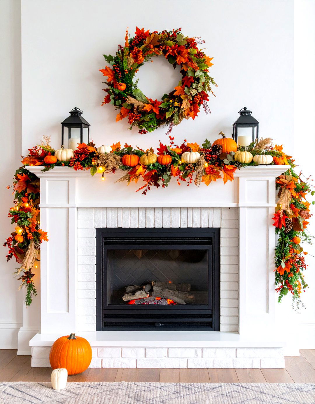 Layered Leaf Garland and Mini Pumpkins Mantel - 25 fall mantel decor ideas