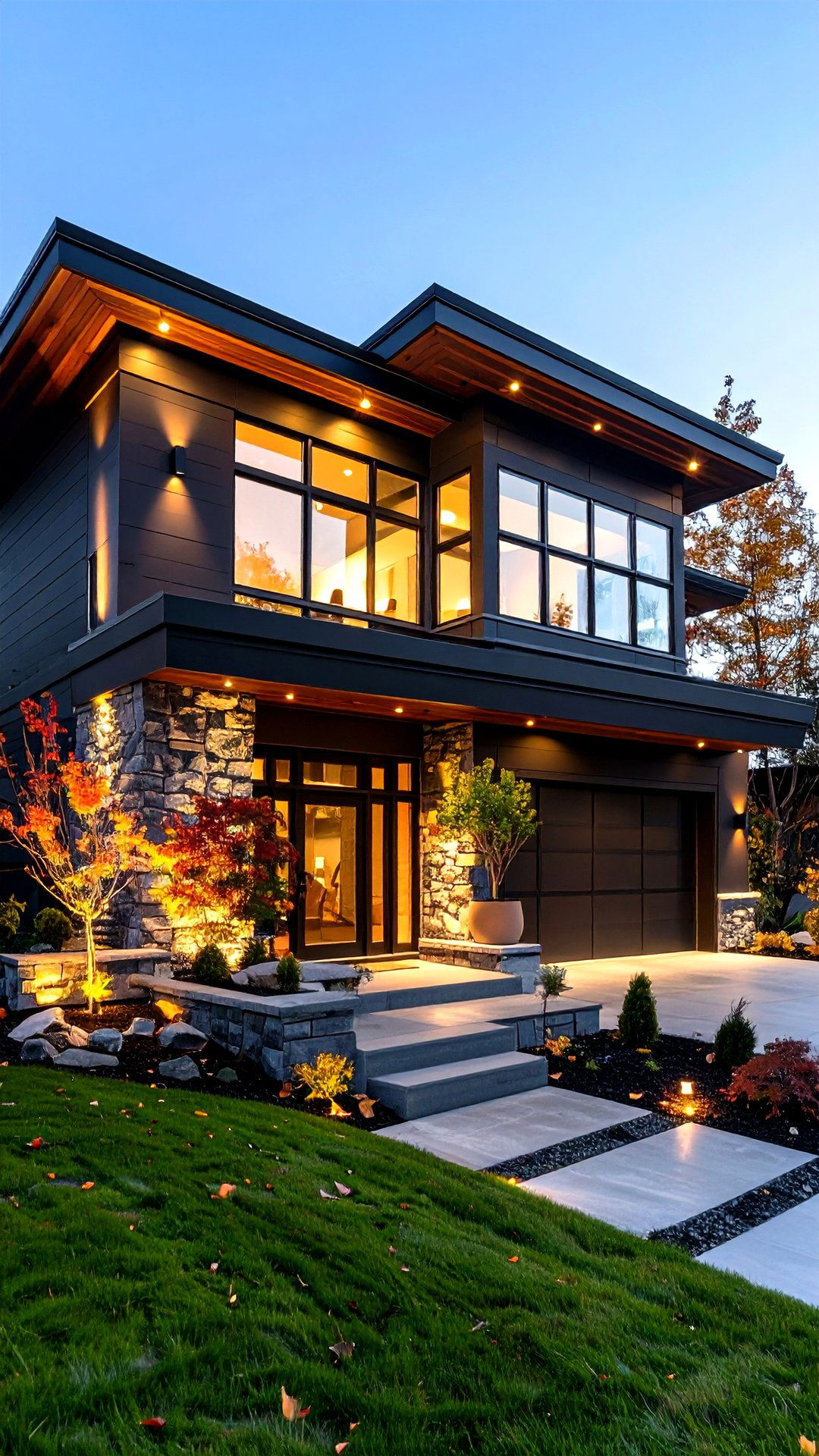 Layered Lighting on Black Backdrop - 25 black house exteriors & paint colors