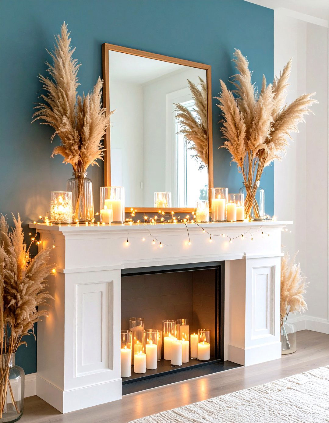 Layered Mantel Styling with Pampas Grass and Twinkle Lights - 25 pampas grass decor ideas