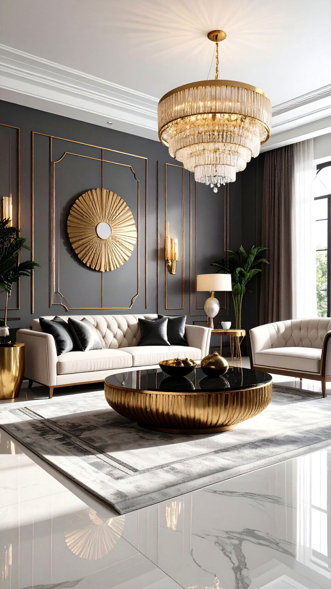 Layered Metallic Accents Sparkle in an Art Deco Living Room - 25 art deco living room ideas