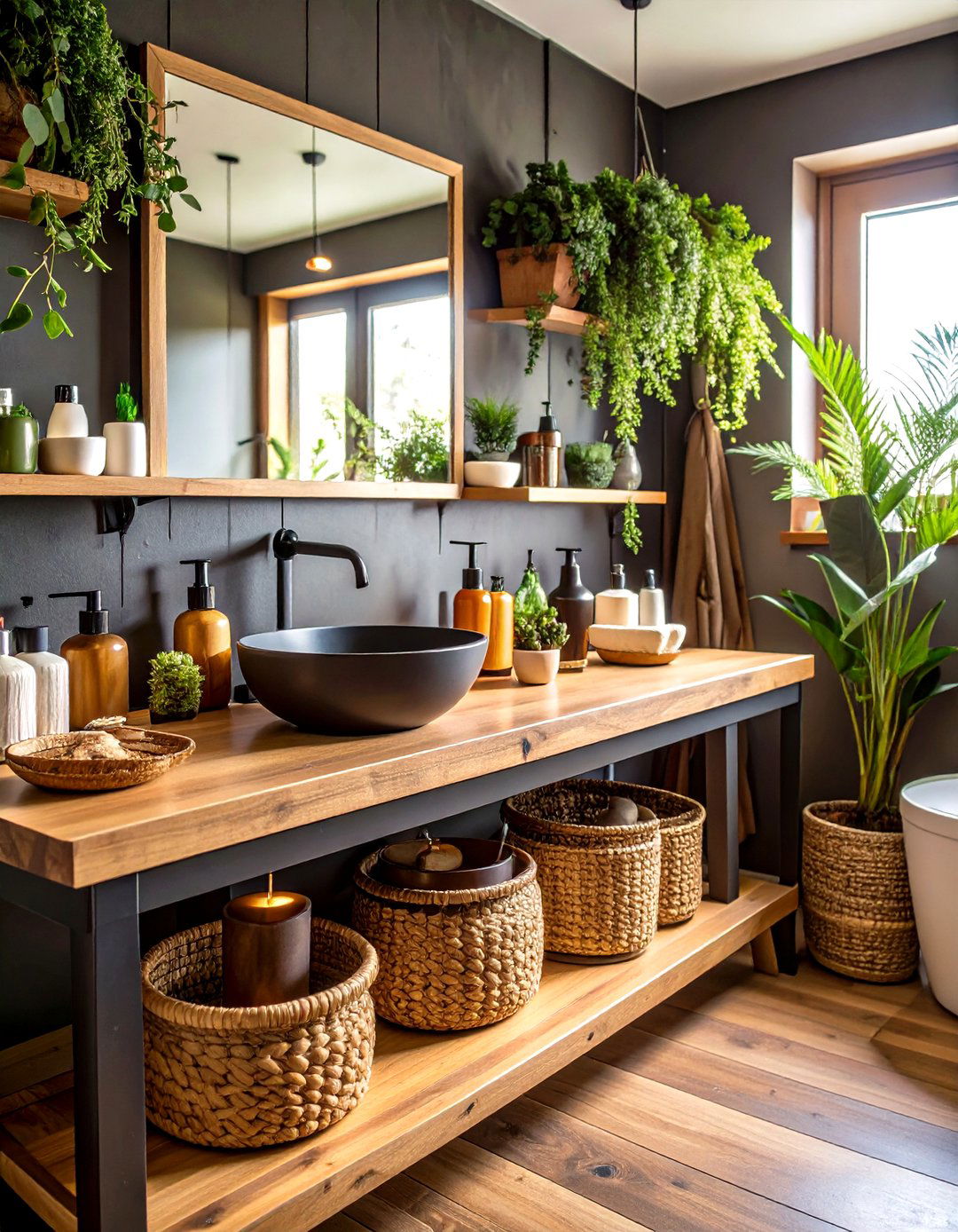 Layered Natural Accessories Personalize Black and Wood Bathrooms - 25 black and wood bathroom ideas