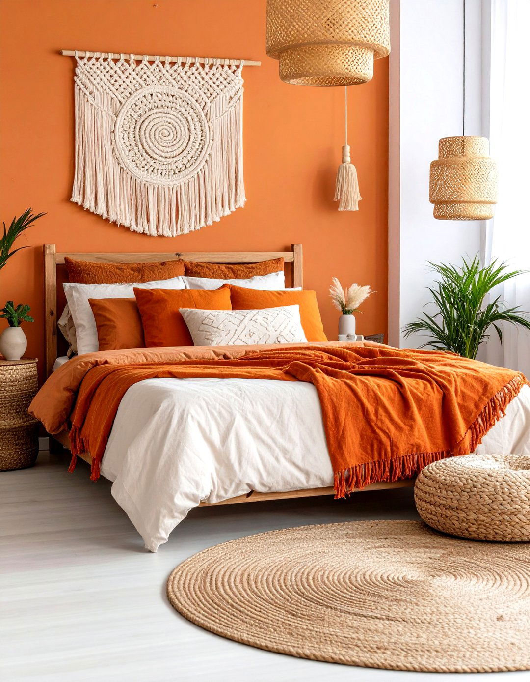 Layered Orange Textiles for a Boho Bedroom - 25 orange room ideas