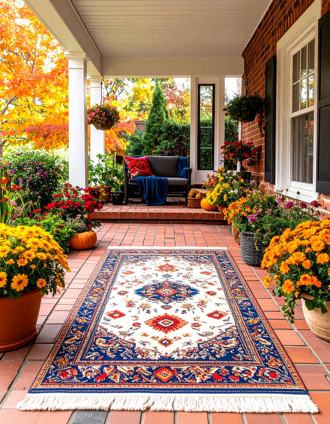 Layered Outdoor Rug on a Brick Porch - 25 brick porch ideas